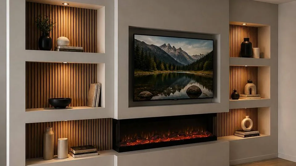 Sfeerimpressie van een cinewall met lamellen in verlichte nissen, een ingebouwde televisie en een doorlopende haard